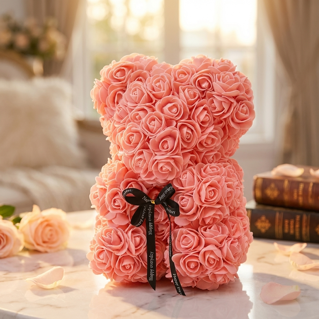 25cm Artificial Teddy Rose Flower Bear with Box Romantic Valentines Day Gift Girlfriend Women Anniversary Wedding Party Supplies