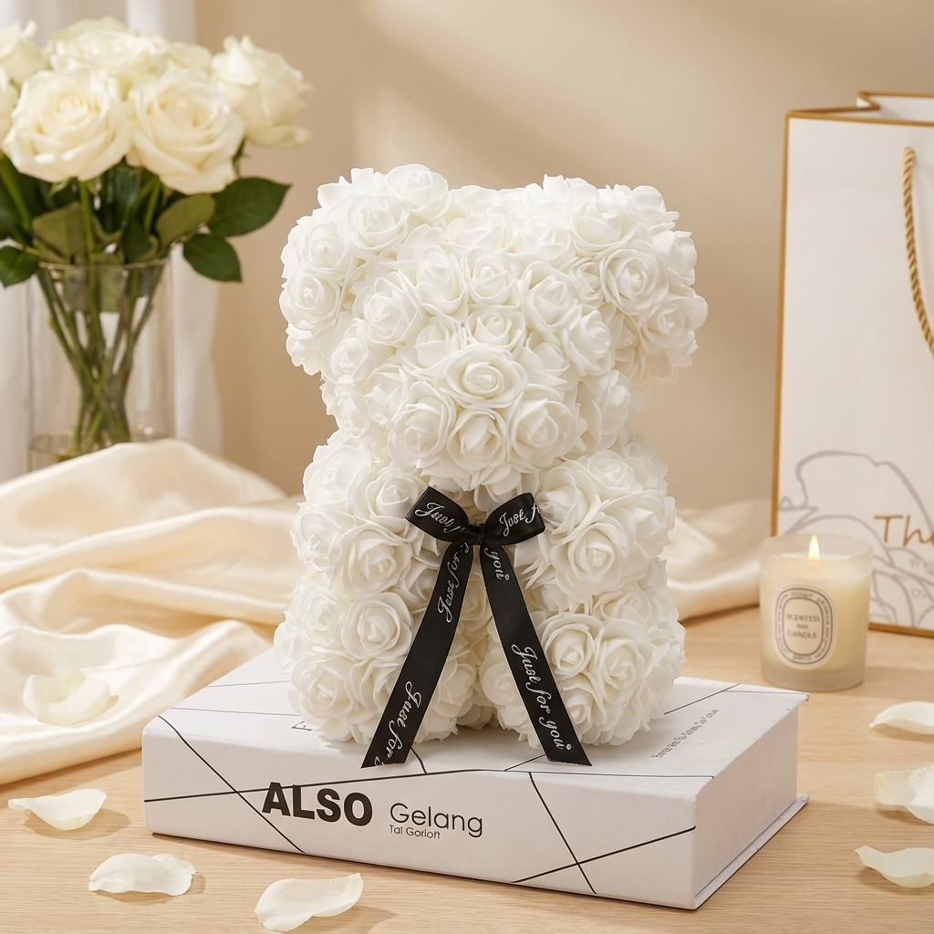 25cm Artificial Teddy Rose Flower Bear with Box Romantic Valentines Day Gift Girlfriend Women Anniversary Wedding Party Supplies
