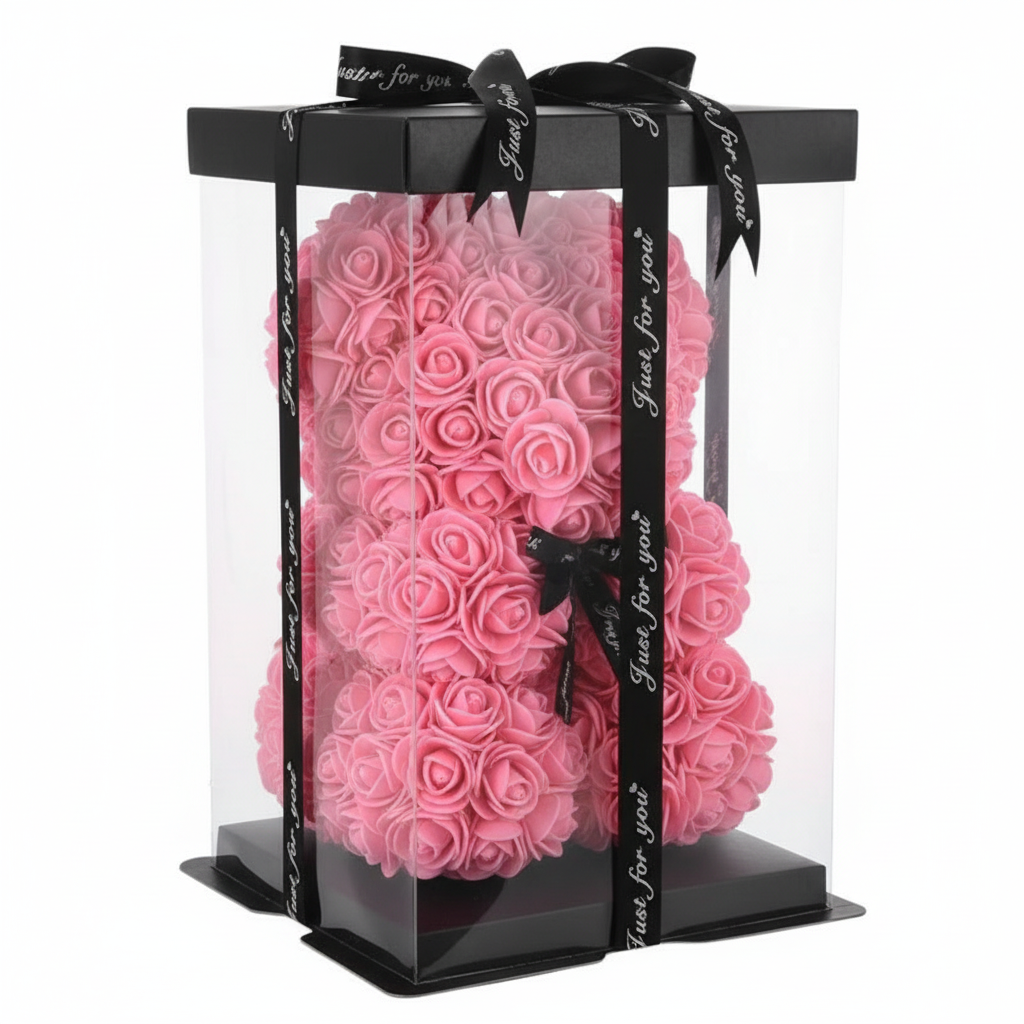 25cm Artificial Teddy Rose Flower Bear with Box Romantic Valentines Day Gift Girlfriend Women Anniversary Wedding Party Supplies